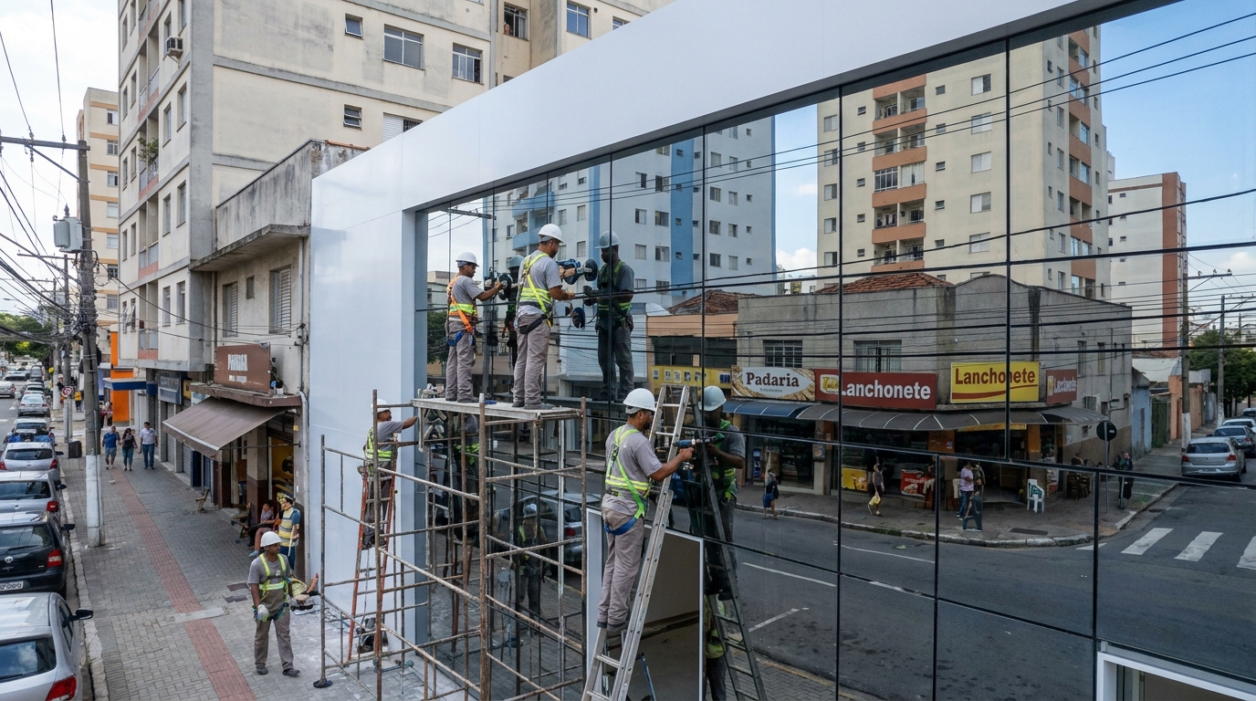 Equipe montando fachada envidraçada em Maceió-AL